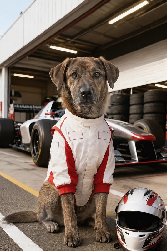 The Pit Lane look made with a brindle mixed-breed dog