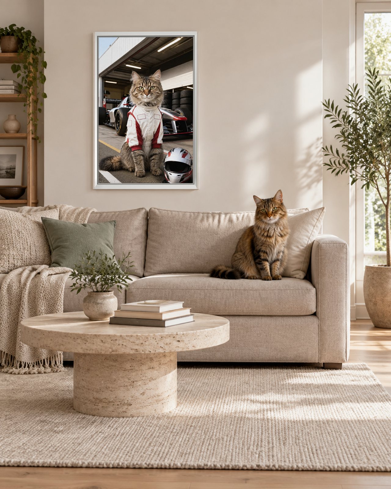 Pit Lane portrait on canvas in a white floating frame in a linen-sofa living room, with the cat beside it