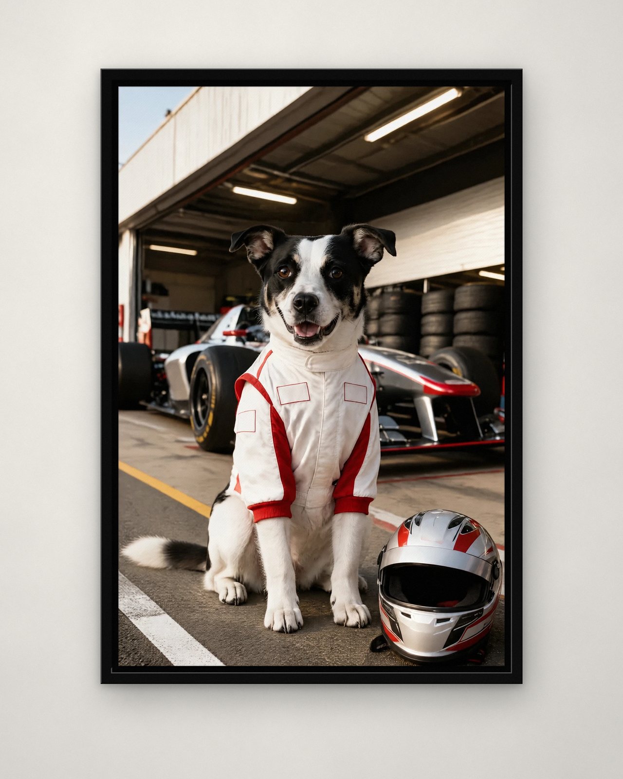 Pit Lane portrait on canvas in a black floating frame on a plain wall