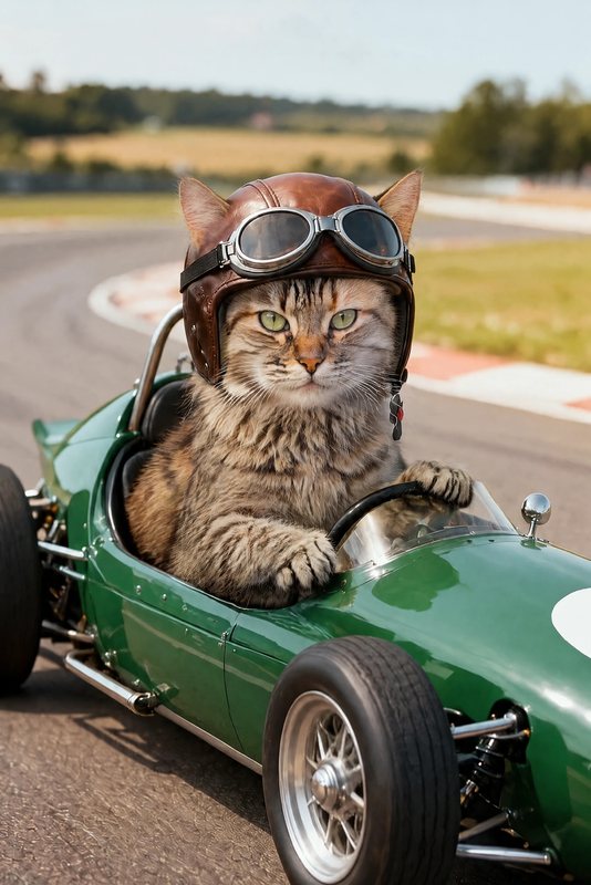 The Vintage Grand Prix look made with a long-haired tabby cat