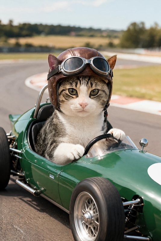 The Vintage Grand Prix look made with a tabby-and-white cat