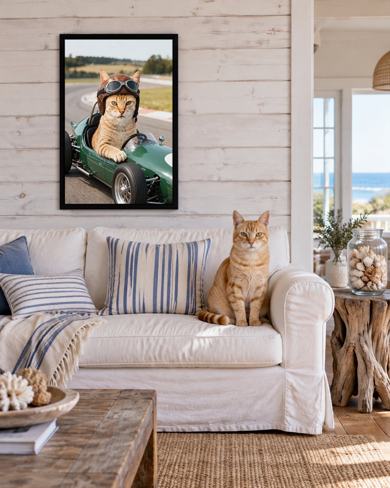 Vintage Grand Prix portrait on canvas in a black floating frame in a whitewashed beach-house living room, with the cat beside it