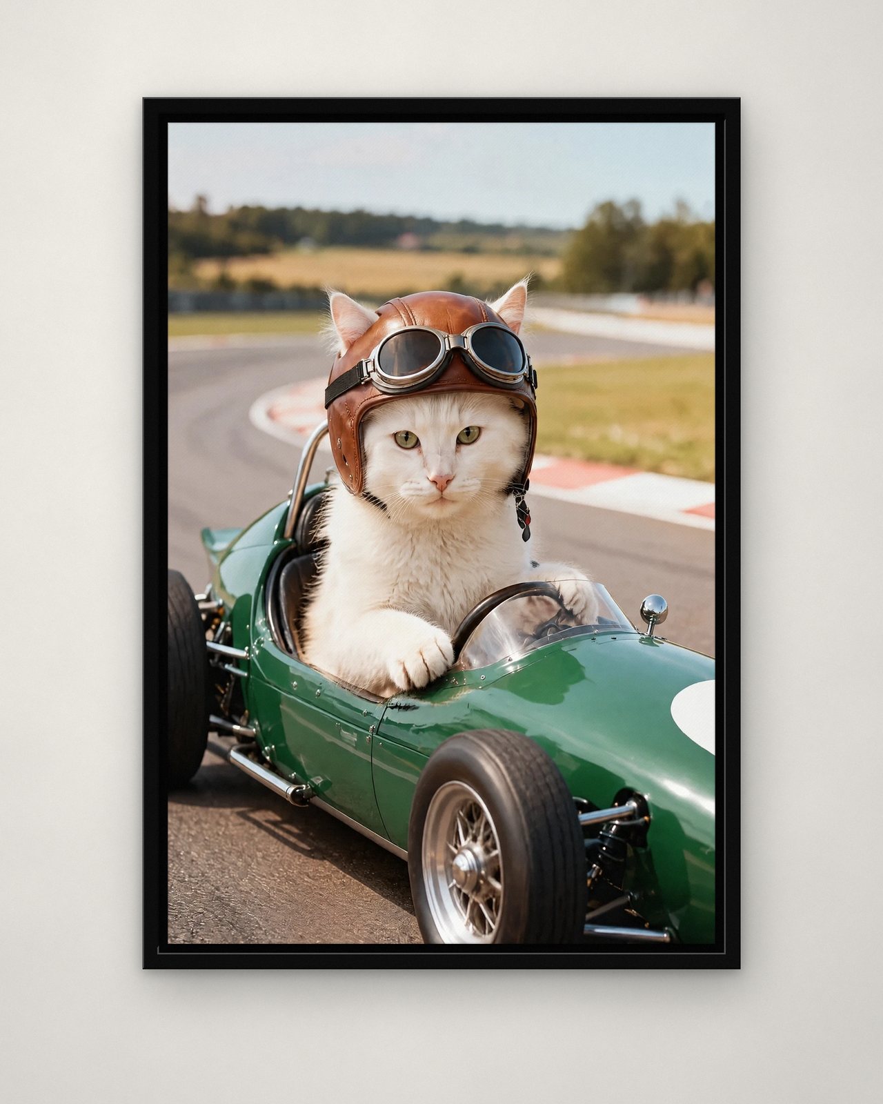 Vintage Grand Prix portrait on canvas in a black floating frame on a plain wall