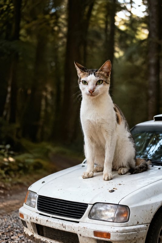 The Rally Stage look made with a white cat with a tabby cap