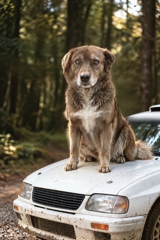 The Rally Stage look made with a chocolate shepherd-collie mix