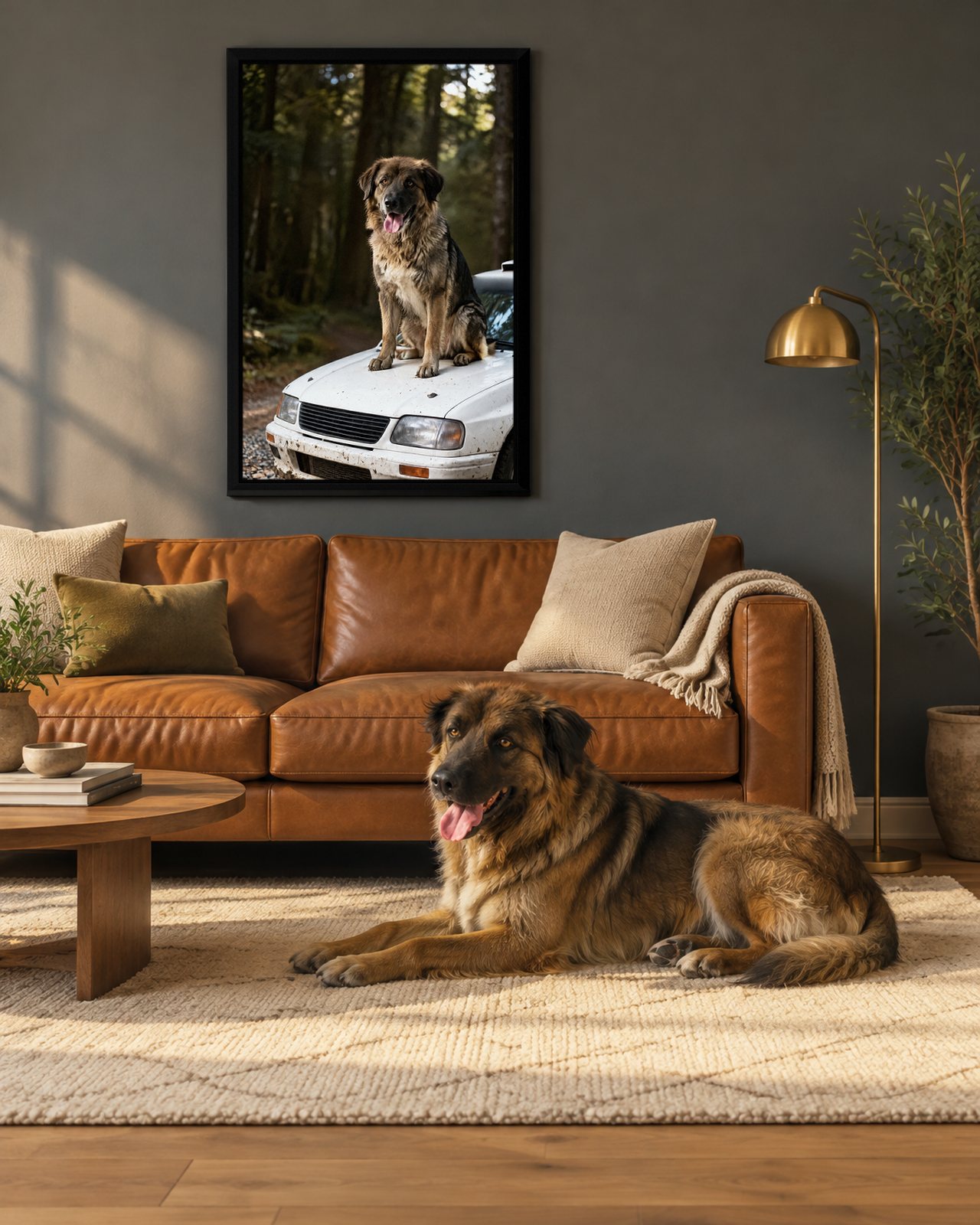 Rally Stage portrait on canvas in a black floating frame in a slate-grey living room, with the dog beside it