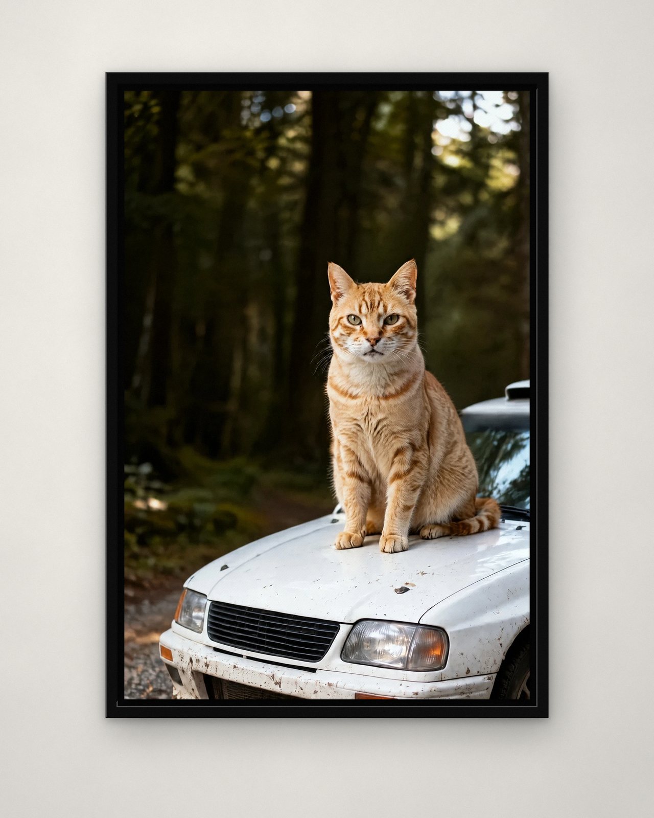 Rally Stage portrait on canvas in a black floating frame on a plain wall