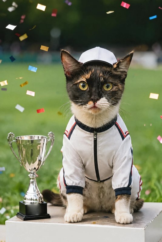 The Podium Celebration look made with a calico cat