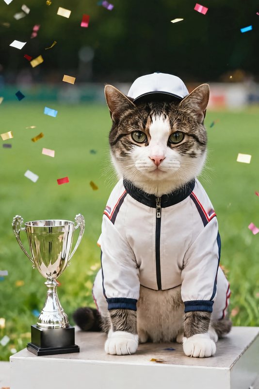 The Podium Celebration look made with a tabby-and-white cat