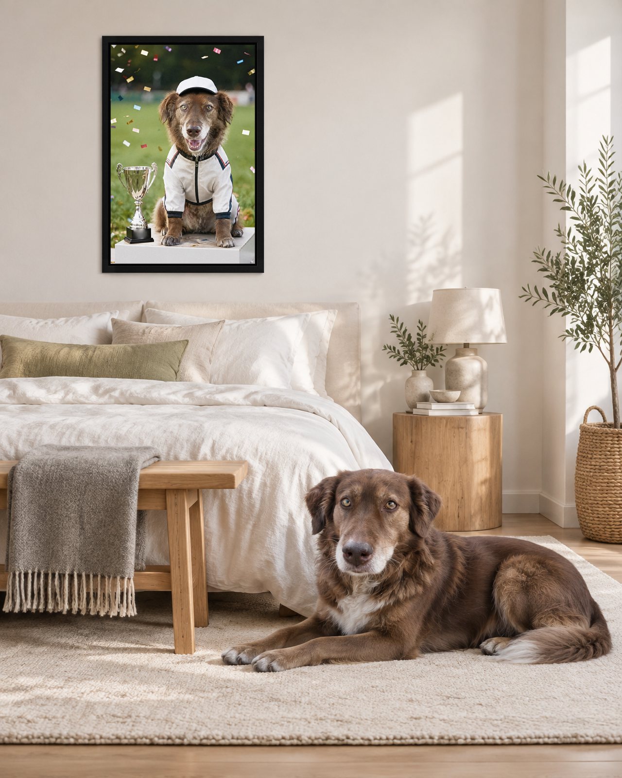 Podium Celebration portrait on canvas in a black floating frame in a white bedroom with a linen bench, with the dog beside it