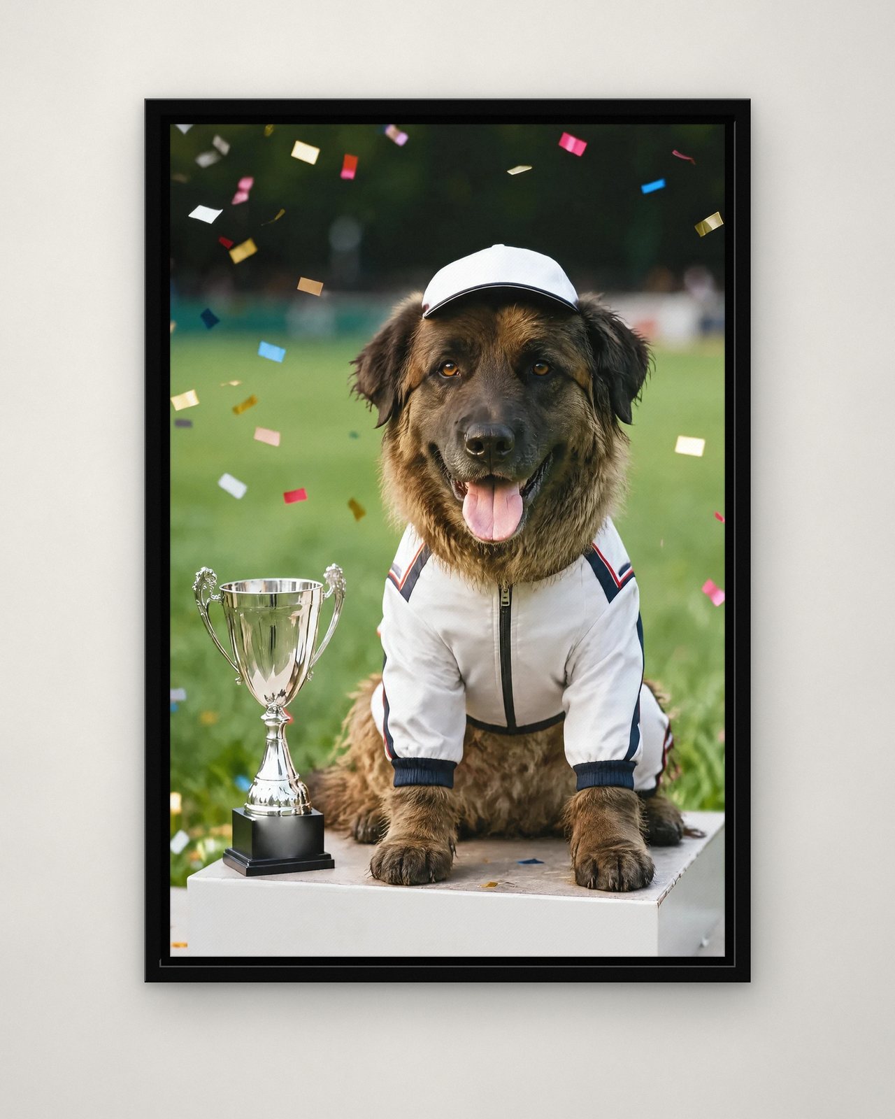 Podium Celebration portrait on canvas in a black floating frame on a plain wall