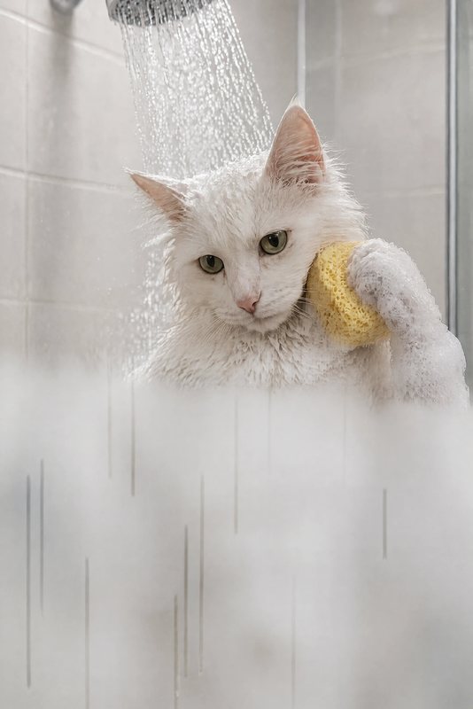 The Shower Time look made with a fluffy white cat