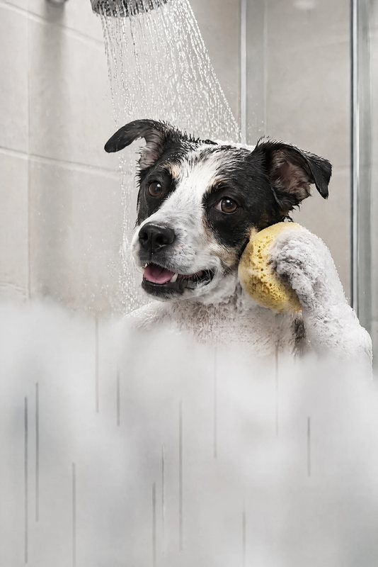 The Shower Time look made with a black-and-white dog