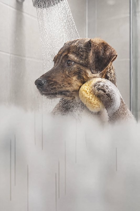 The Shower Time look made with a brindle mixed-breed dog