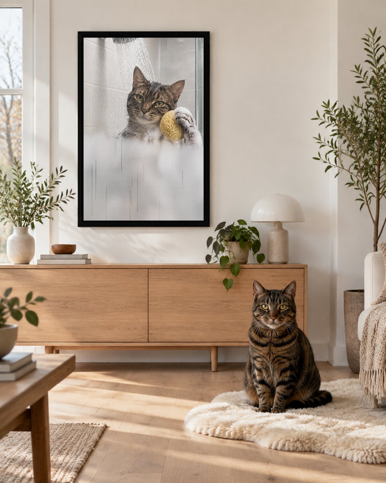 Shower Time portrait on canvas in a black floating frame in a Scandinavian living room, with the cat beside it