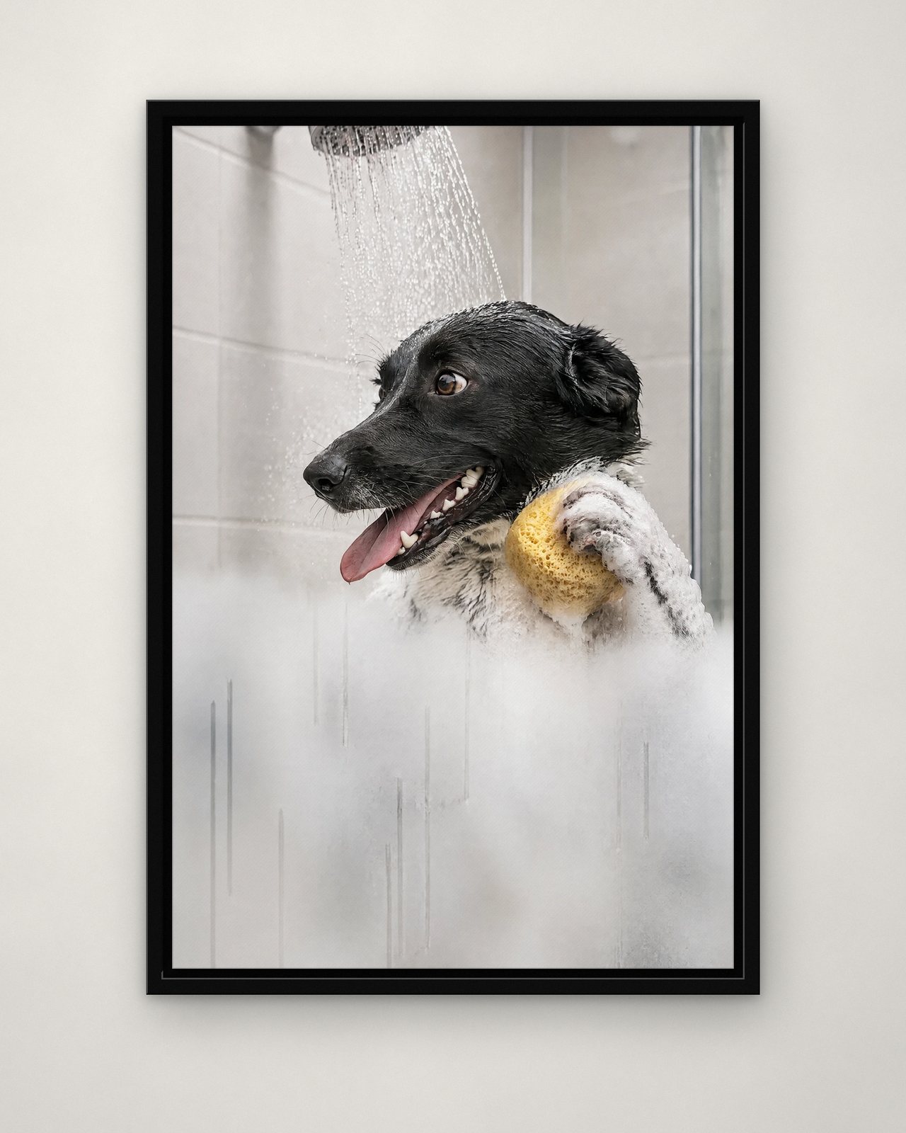 Shower Time portrait on canvas in a black floating frame on a plain wall