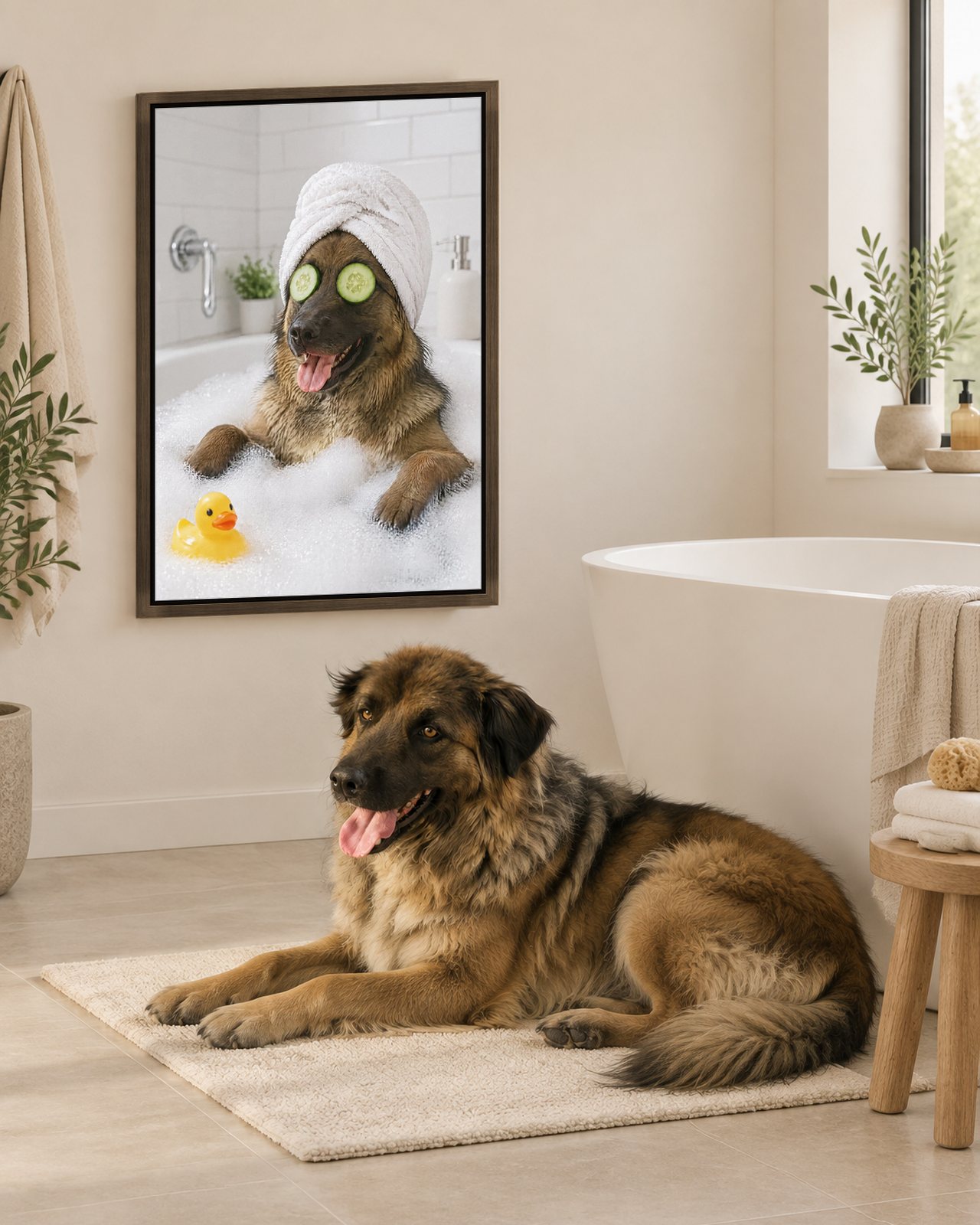 Spa Day portrait on canvas in a brown floating frame in a bright bathroom with a freestanding tub, with the dog beside it