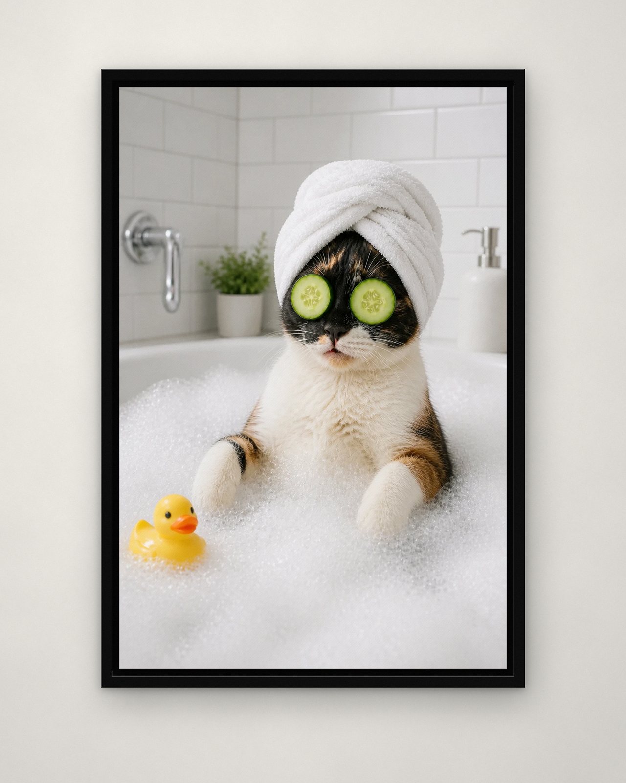 Spa Day portrait on canvas in a black floating frame on a plain wall