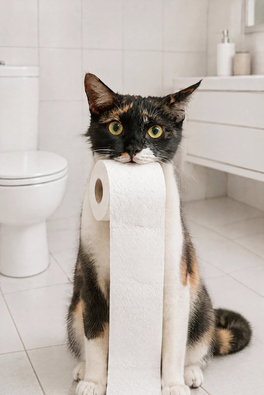 The Toilet Paper Run look made with a calico cat