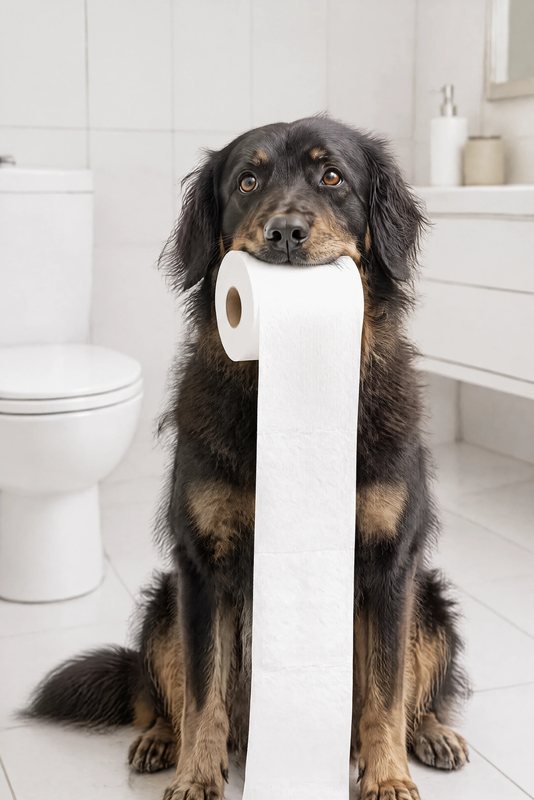 The Toilet Paper Run look made with a black-and-tan Hovawart