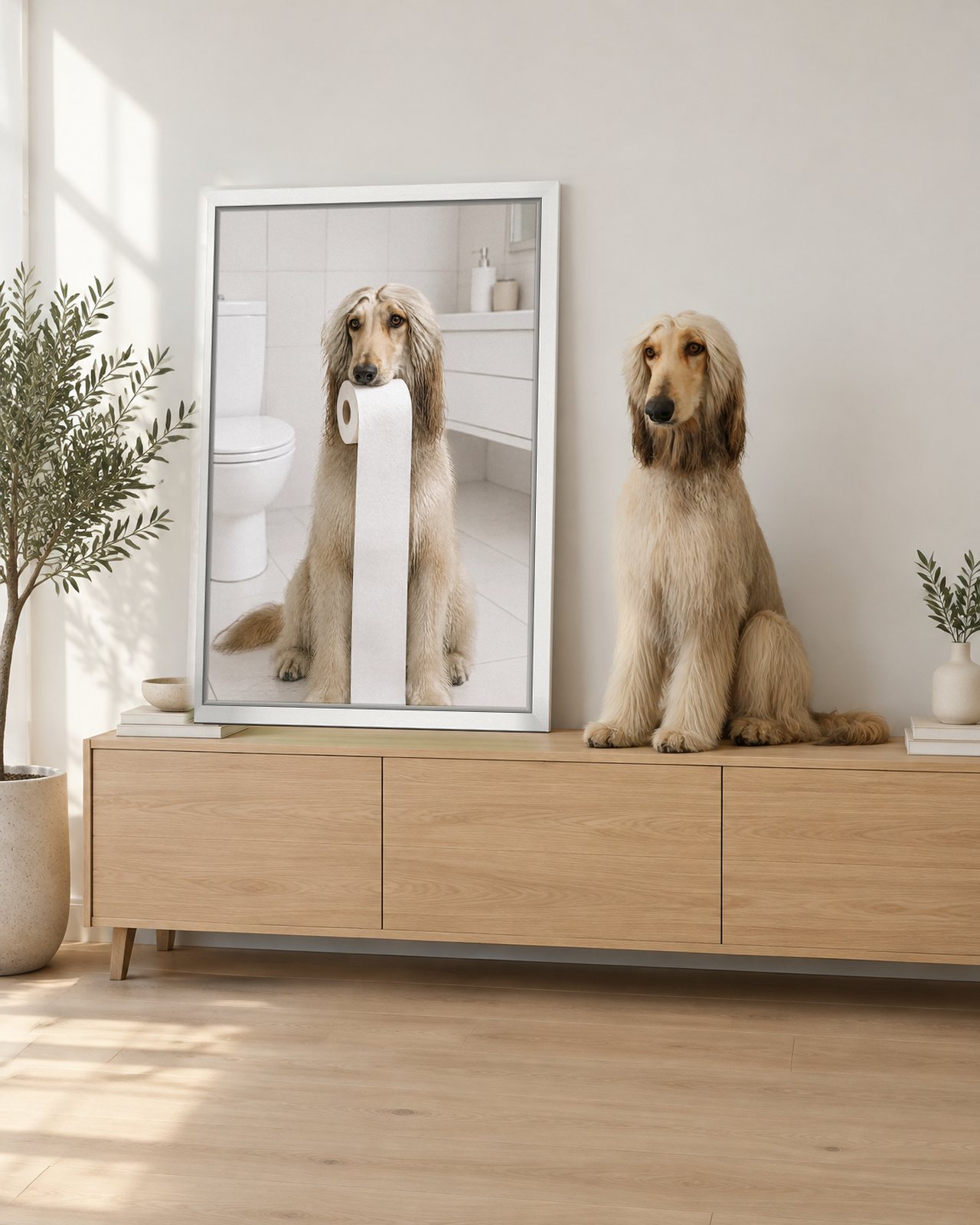 Toilet Paper Run portrait on canvas in a white floating frame in a bright modern living room, with the dog beside it