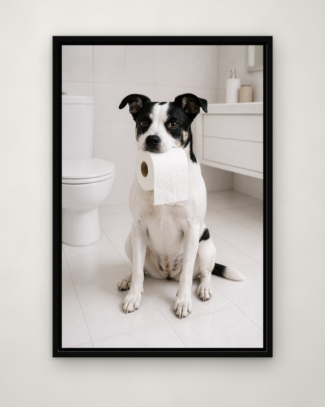 Toilet Paper Run portrait on canvas in a black floating frame on a plain wall