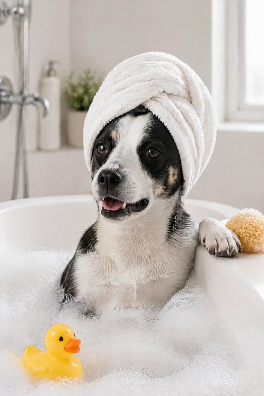 The Bubble Bath look made with a black-and-white dog