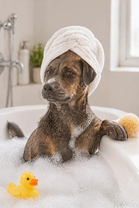 The Bubble Bath look made with a brindle mixed-breed dog