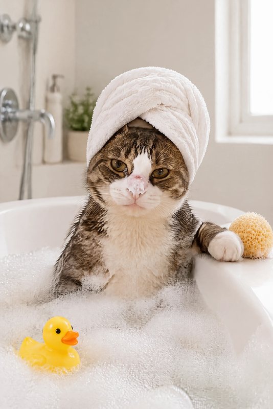 The Bubble Bath look made with a tabby-and-white cat