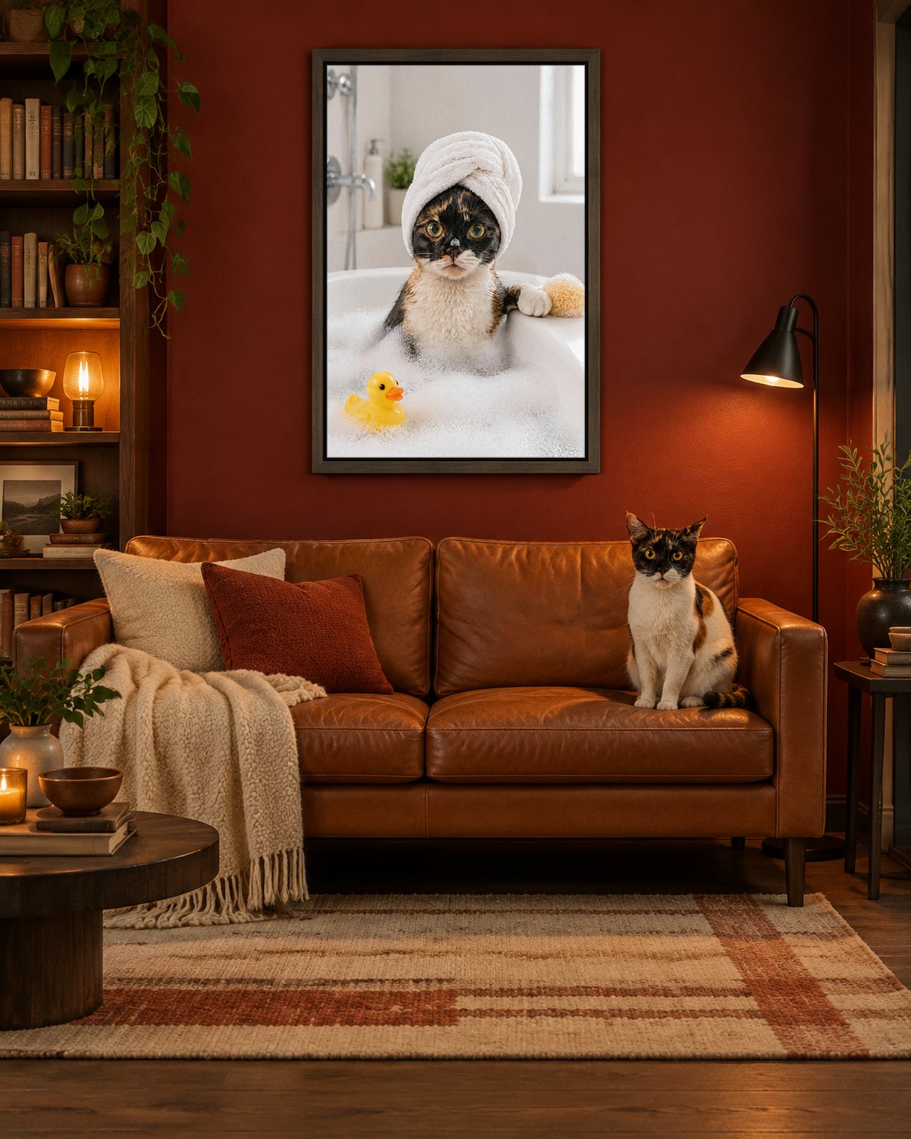 Bubble Bath portrait on canvas in a brown floating frame in an oxblood reading room, with the cat beside it