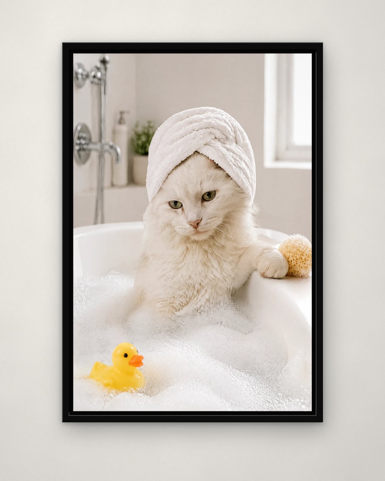 Bubble Bath portrait on canvas in a black floating frame on a plain wall