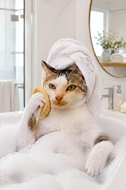 The Lazy Soak look made with a white cat with a tabby cap
