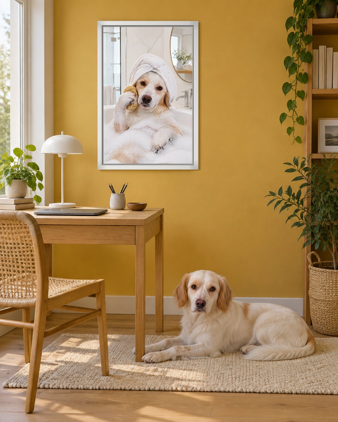 Lazy Soak portrait on canvas in a white floating frame in an ochre home office, with the dog beside it