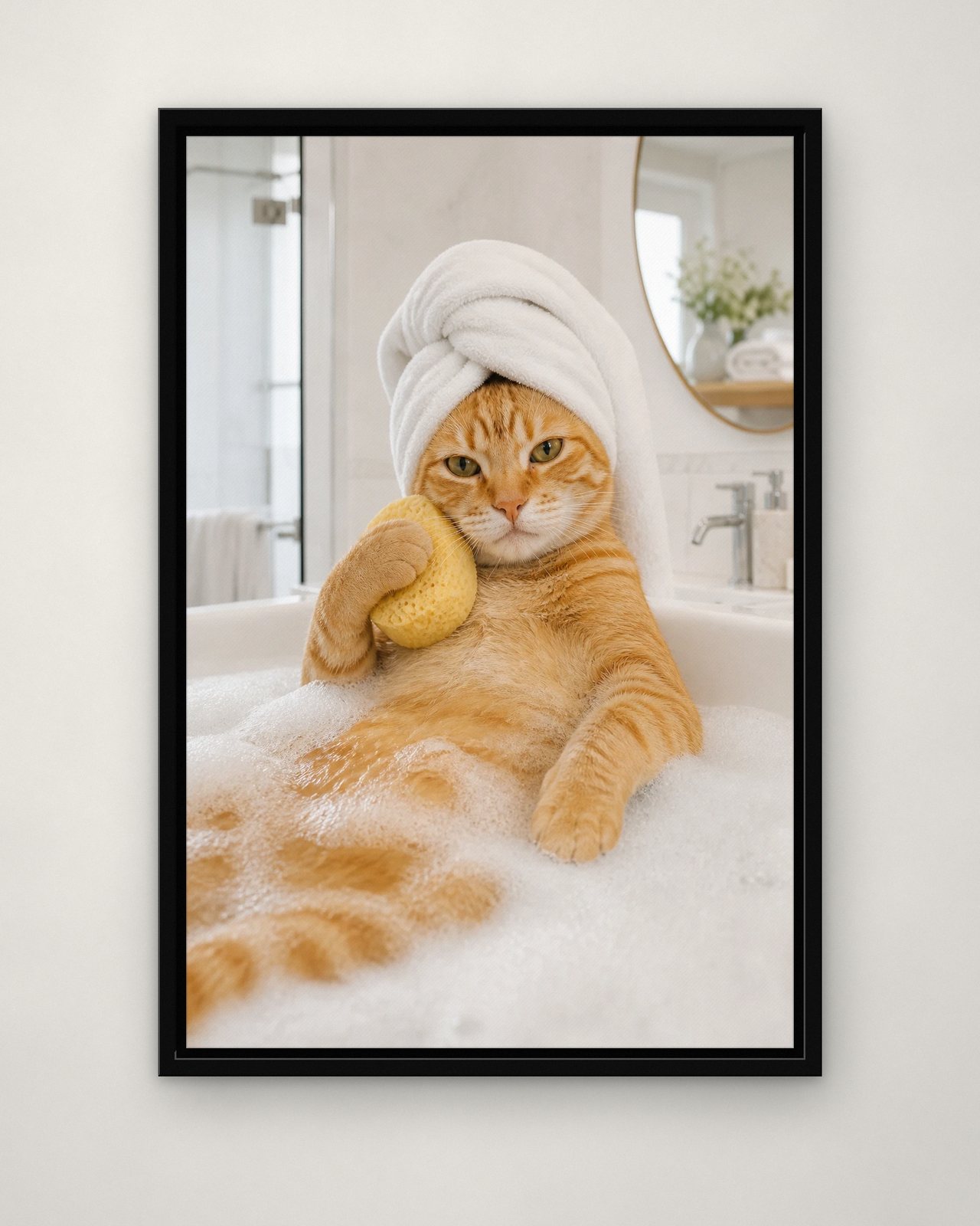 Lazy Soak portrait on canvas in a black floating frame on a plain wall