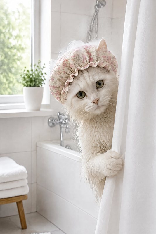 The Shower Cap Peek look made with a fluffy white cat