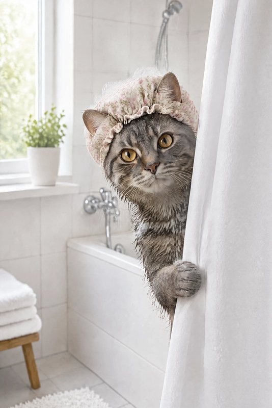 The Shower Cap Peek look made with a grey tabby cat