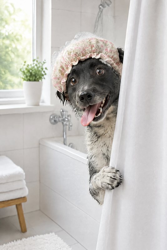 The Shower Cap Peek look made with a black-and-white speckled dog