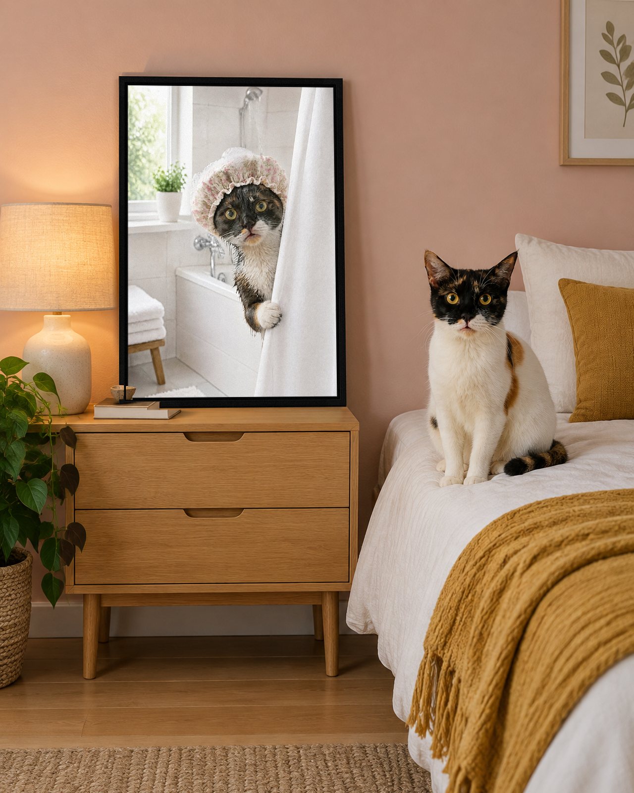 Shower Cap Peek portrait on canvas in a black floating frame in a blush-pink bedroom, with the cat beside it