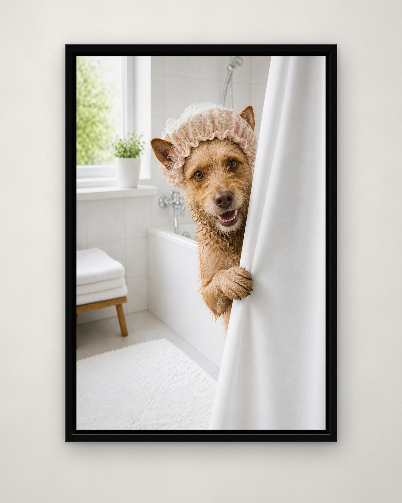 Shower Cap Peek portrait on canvas in a black floating frame on a plain wall