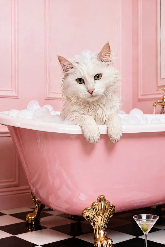 The Pink Clawfoot Tub look made with a fluffy white cat