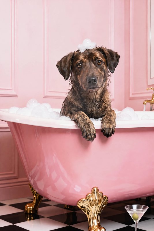 The Pink Clawfoot Tub look made with a brindle mixed-breed dog
