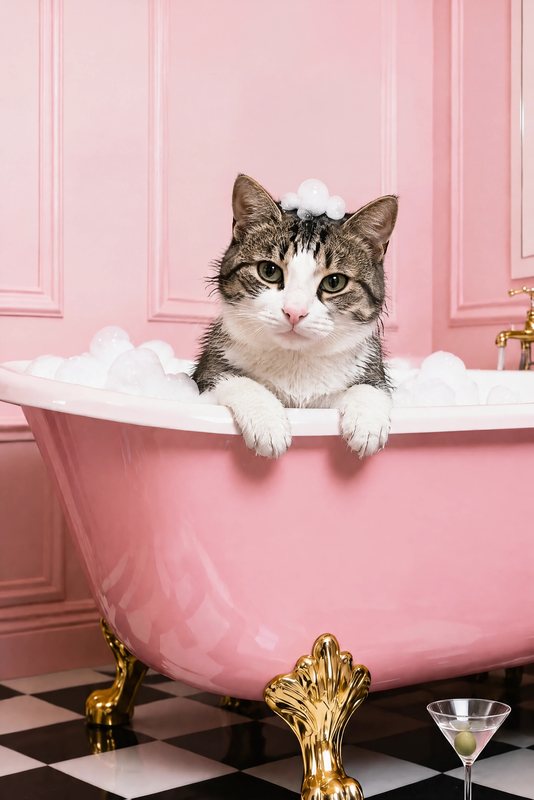 The Pink Clawfoot Tub look made with a tabby-and-white cat