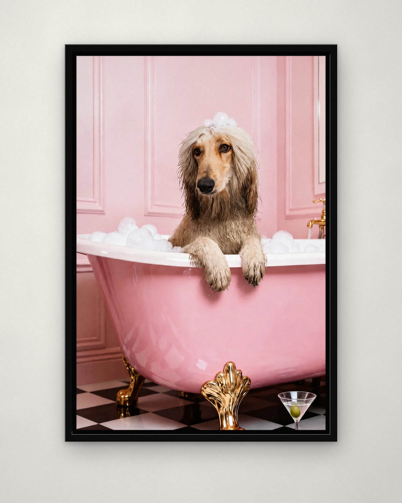 Pink Clawfoot Tub portrait on canvas in a black floating frame on a plain wall