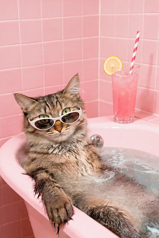 The Pink Tile Soak look made with a long-haired tabby cat