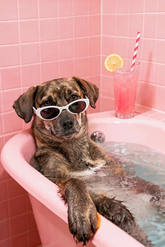 The Pink Tile Soak look made with a brindle mixed-breed dog