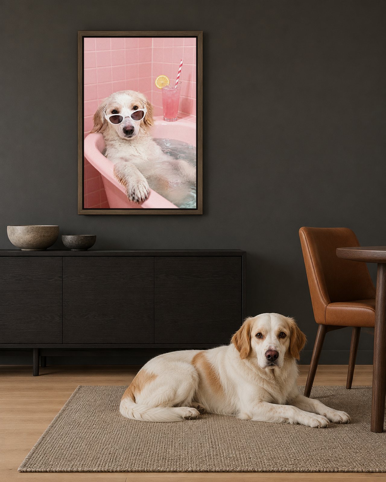 Pink Tile Soak portrait on canvas in a brown floating frame in a graphite-grey dining room, with the dog beside it