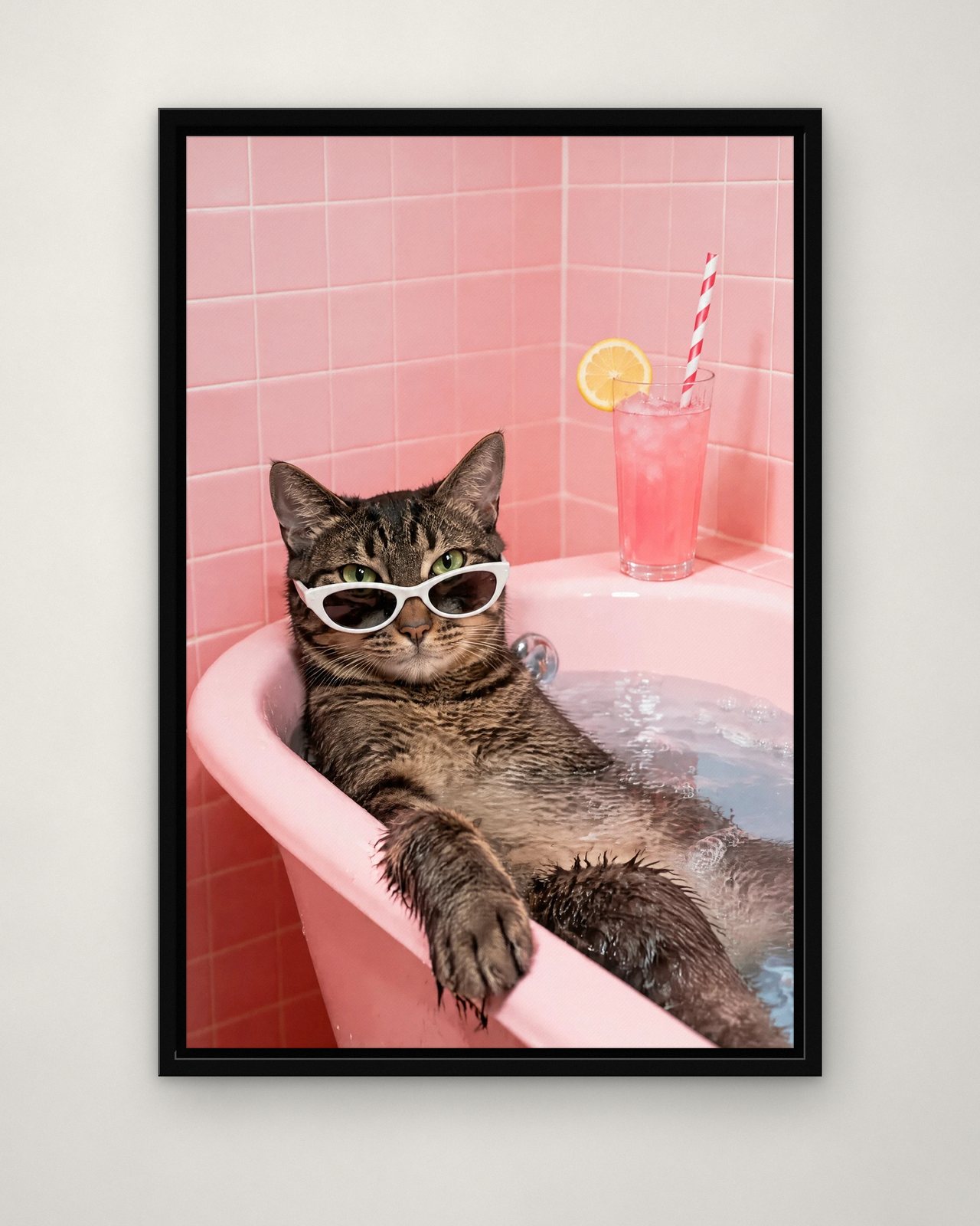 Pink Tile Soak portrait on canvas in a black floating frame on a plain wall