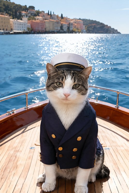 The Yacht Club look made with a tabby-and-white cat