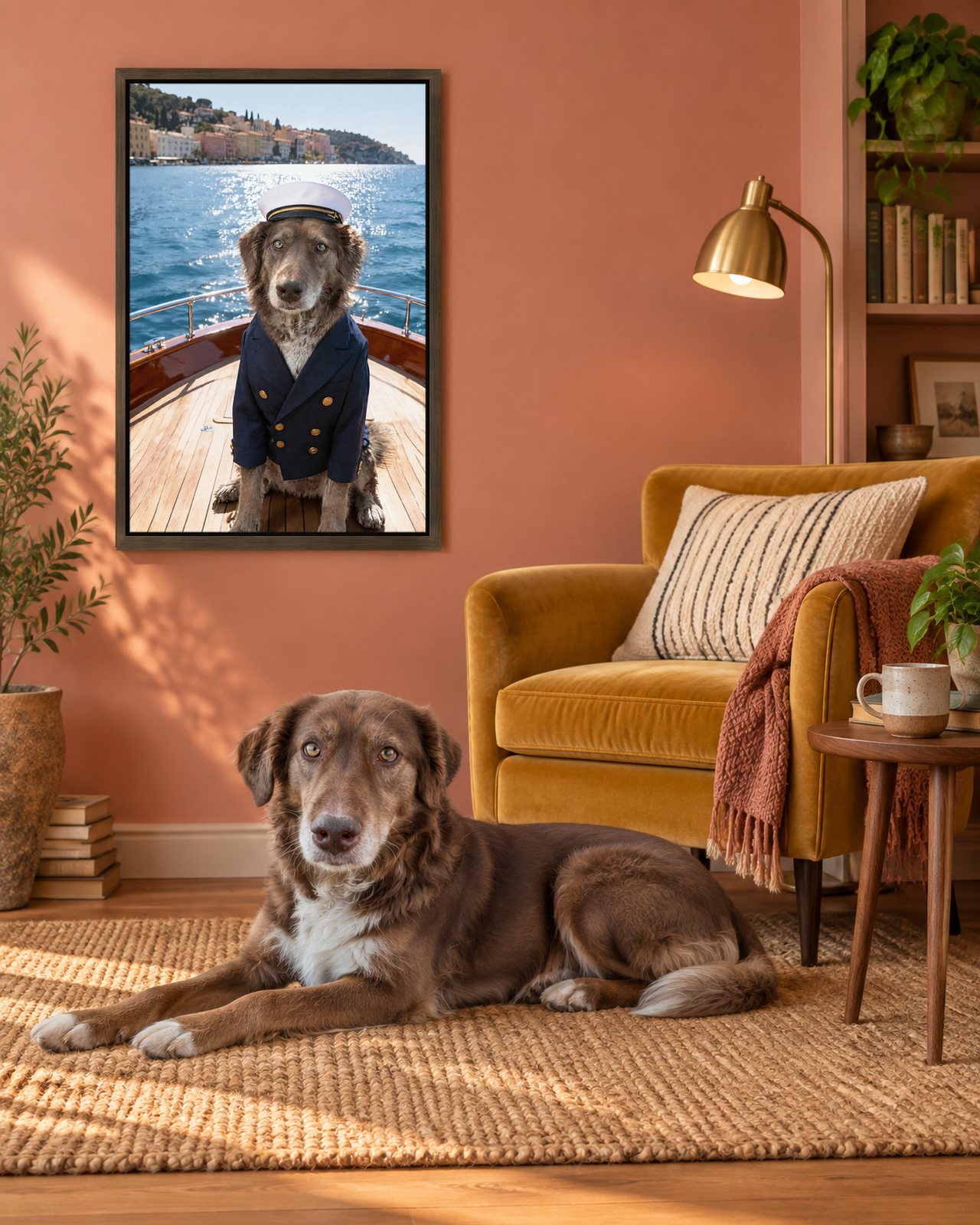 Yacht Club portrait on canvas in a brown floating frame in a clay-pink reading nook, with the dog beside it