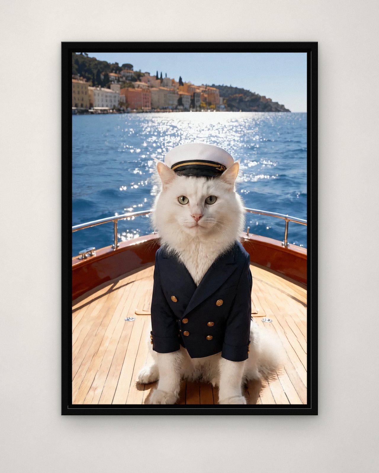 Yacht Club portrait on canvas in a black floating frame on a plain wall